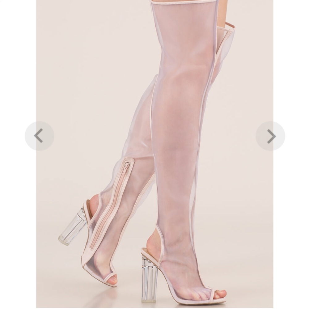 Baby Pink Mesh Clear Over Knee Chunky Heels